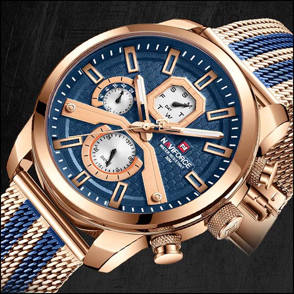 Men's Rose Gold Chronograph Watch with Blue Mesh Strap