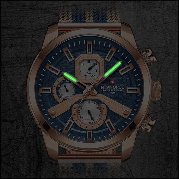 Men's Rose Gold Chronograph Watch with Blue Mesh Strap