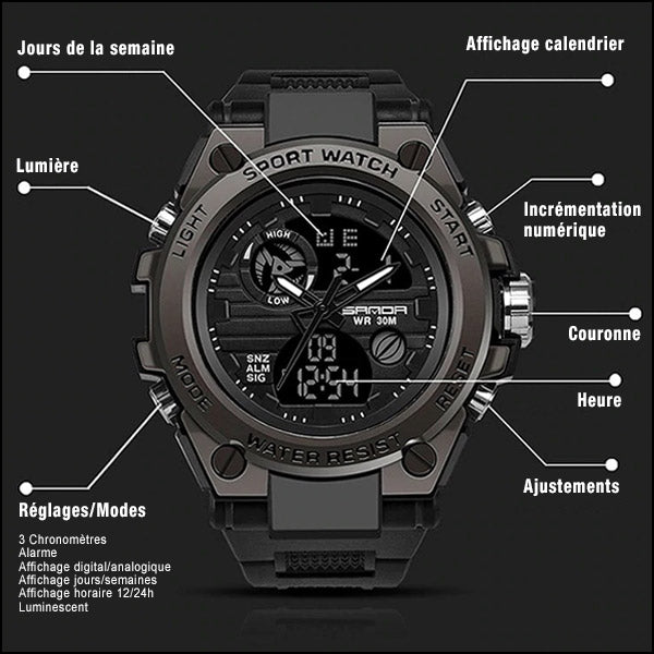 Men's Dark Gray Dual Display Water Resistant Sport Watch