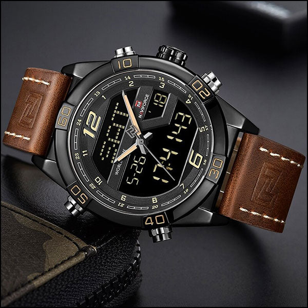Men's Sporty Analog Digital Watch in Black with Brown Leather