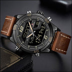 Men's Sporty Analog Digital Watch in Black with Brown Leather
