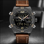 Men's Sporty Analog Digital Watch in Black with Brown Leather