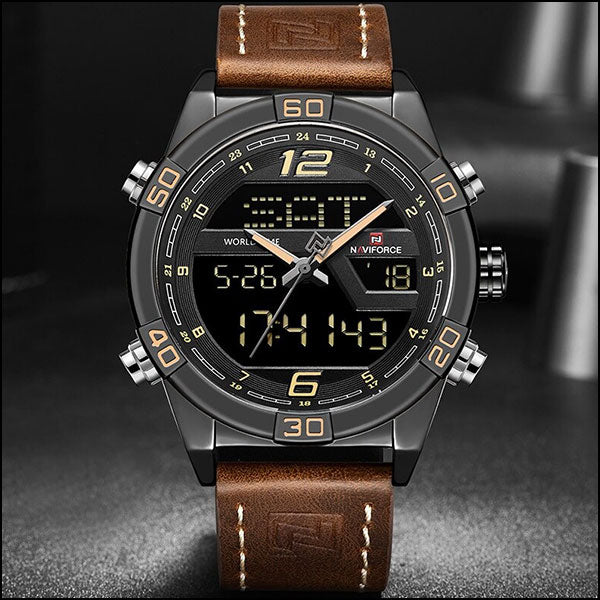 Men's Sporty Analog Digital Watch in Black with Brown Leather