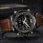 Men's Sporty Analog Digital Watch in Black with Brown Leather