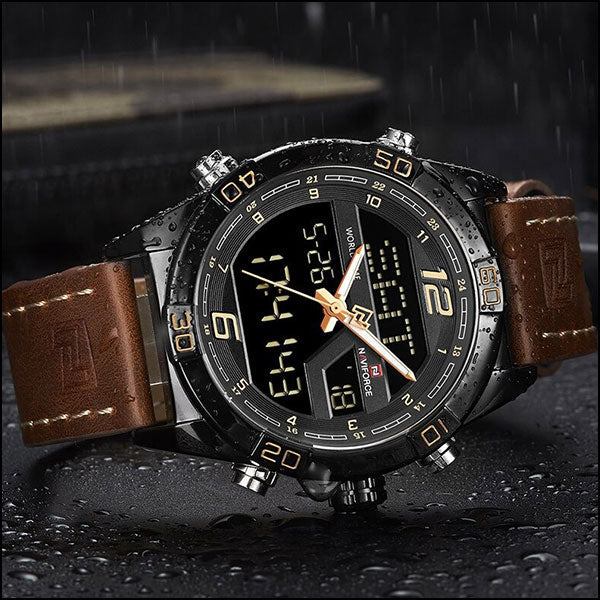 Men's Sporty Analog Digital Watch in Black with Brown Leather