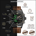 Men's Sporty Analog Digital Watch in Black with Brown Leather