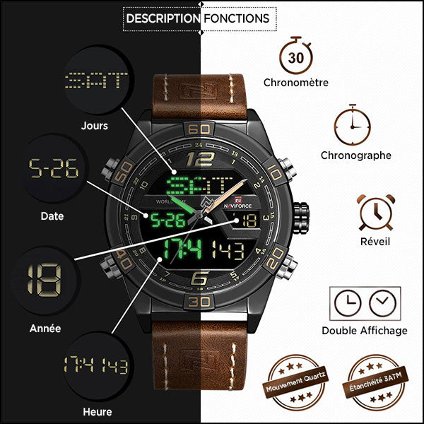 Men's Sporty Analog Digital Watch in Black with Brown Leather