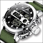 Rugged Men's Dual Display Watch on Olive Nylon Strap