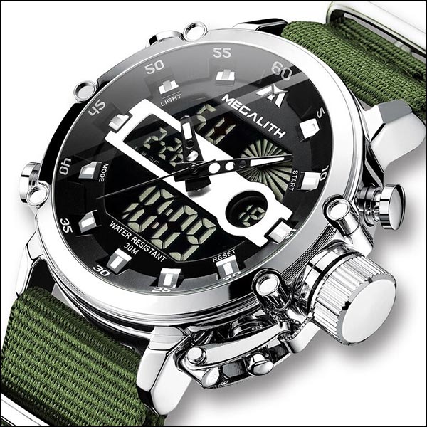 Rugged Men's Dual Display Watch on Olive Nylon Strap