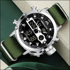 Rugged Men's Dual Display Watch on Olive Nylon Strap