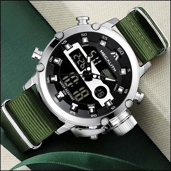 Rugged Men's Dual Display Watch on Olive Nylon Strap