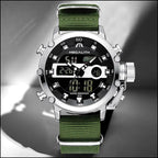 Rugged Men's Dual Display Watch on Olive Nylon Strap