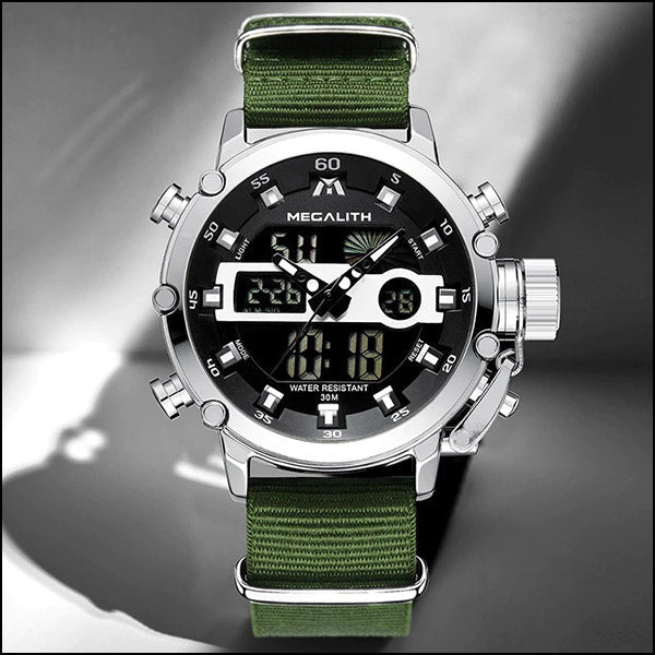 Rugged Men's Dual Display Watch on Olive Nylon Strap