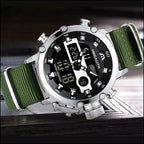 Rugged Men's Dual Display Watch on Olive Nylon Strap