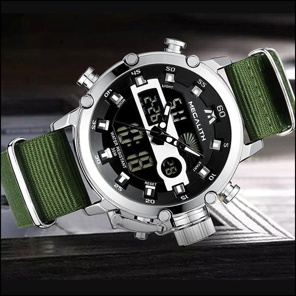 Rugged Men's Dual Display Watch on Olive Nylon Strap