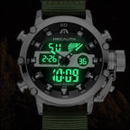 Rugged Men's Dual Display Watch on Olive Nylon Strap