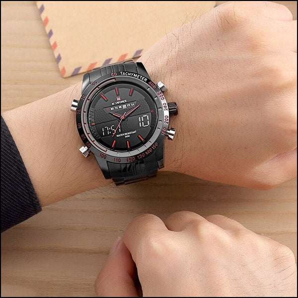 Sporty Matte Black Red Dual Display Watch