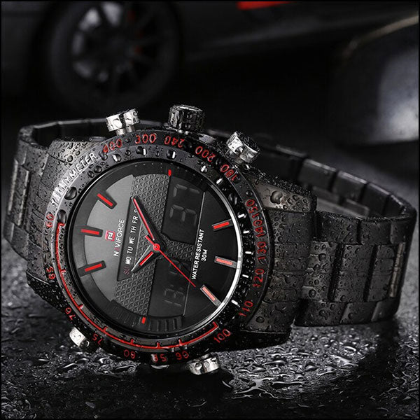 Sporty Matte Black Red Dual Display Watch
