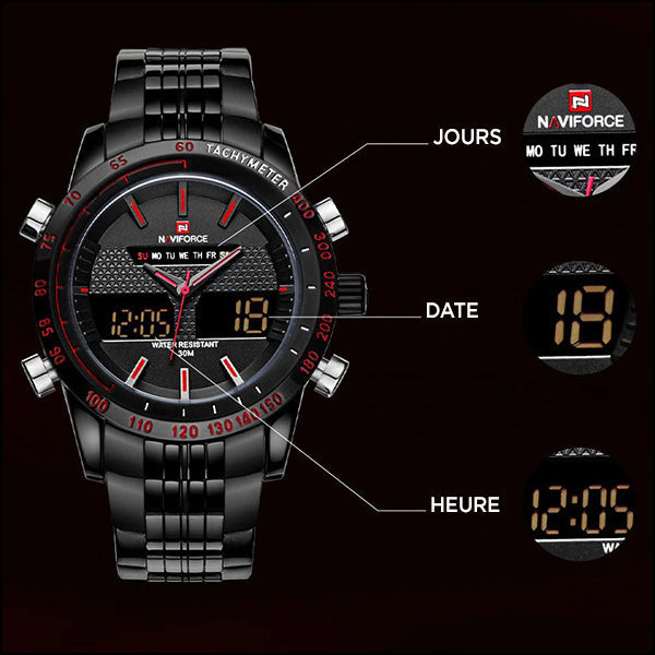 Sporty Matte Black Red Dual Display Watch