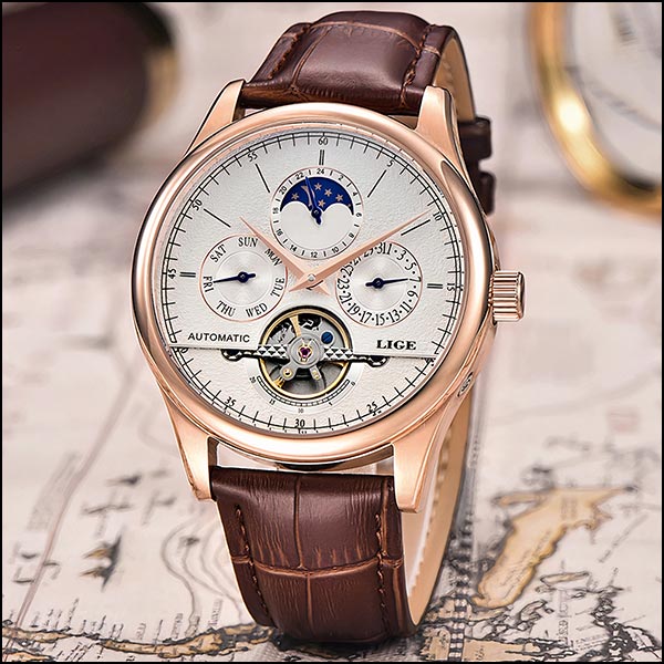 Men's Rose Gold Automatic Moon Phase Watch