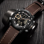 Men's Black & Rose Gold Dual Display Leather Watch