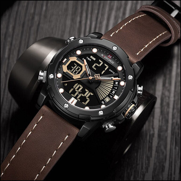 Men's Black & Rose Gold Dual Display Leather Watch