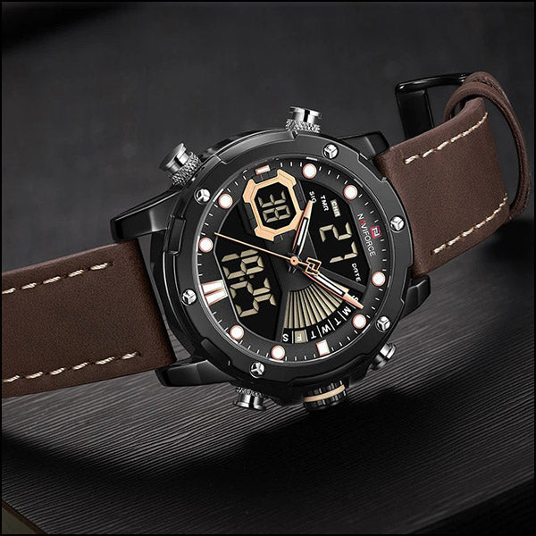 Men's Black & Rose Gold Dual Display Leather Watch