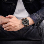 Men's Black & Rose Gold Dual Display Leather Watch