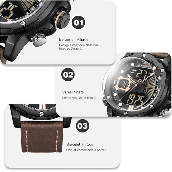Men's Black & Rose Gold Dual Display Leather Watch