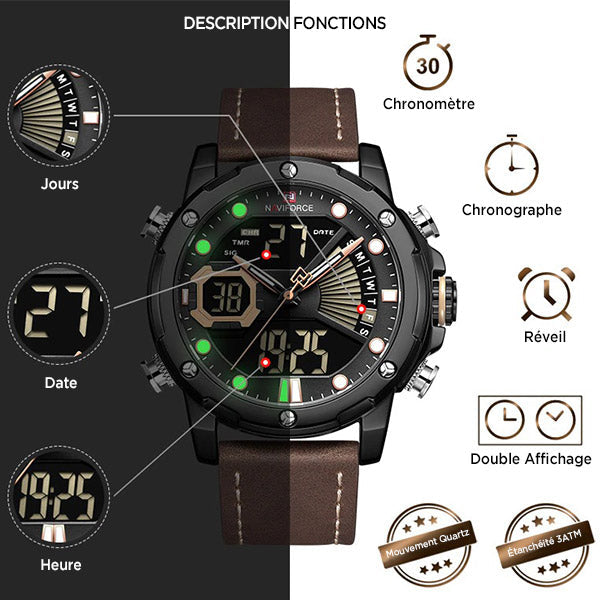 Men's Black & Rose Gold Dual Display Leather Watch