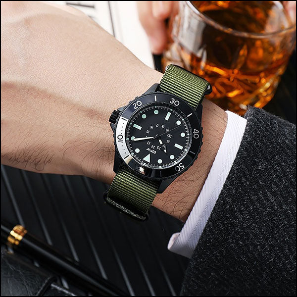 Tactical Field Watch with Black Case and Olive Strap