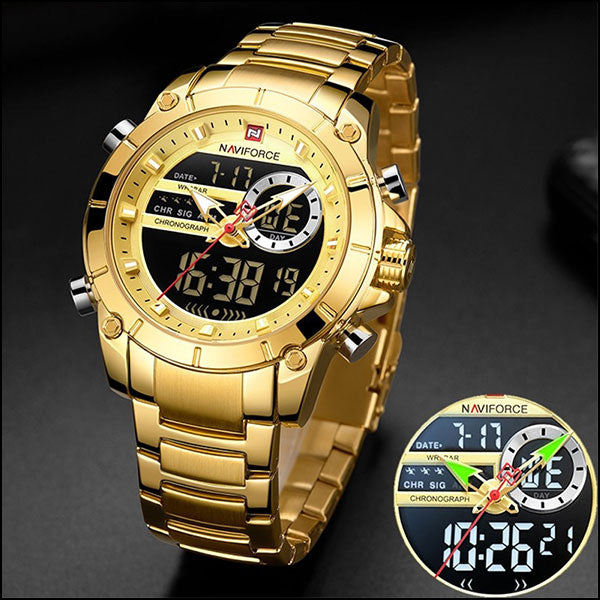 Men's Gold-Tone Chronograph Dual Display Watch