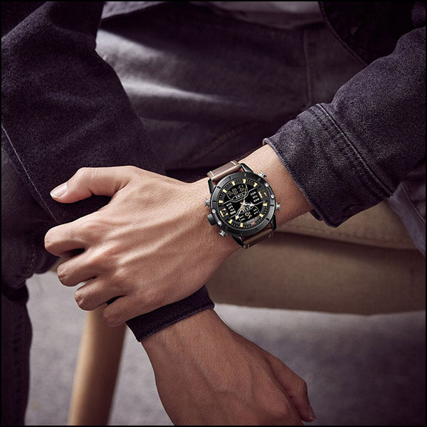 Men's Rugged Dual Display Watch Black Gold
