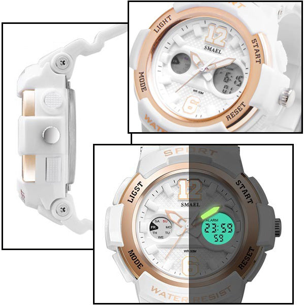 White Analog Digital Sport Watch with Rose Gold