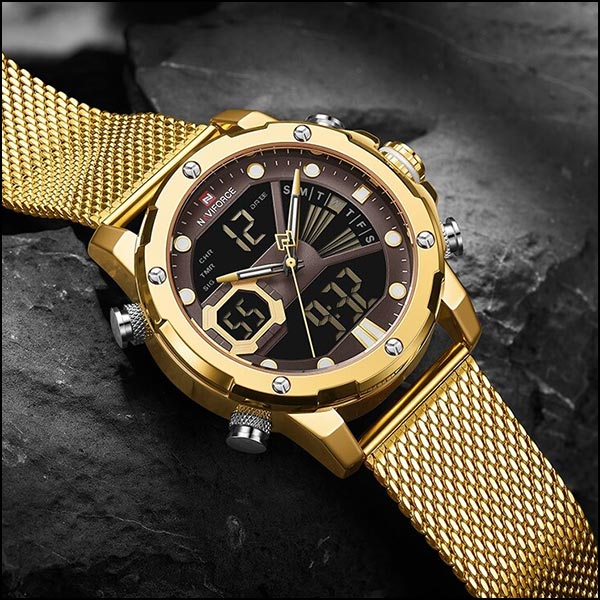 Men's Gold Mesh Dual Display Sport Watch