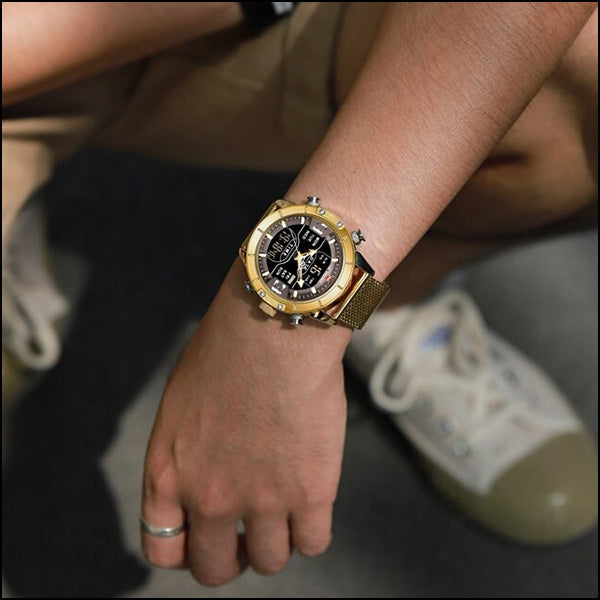 Men's Gold Mesh Dual Display Sport Watch