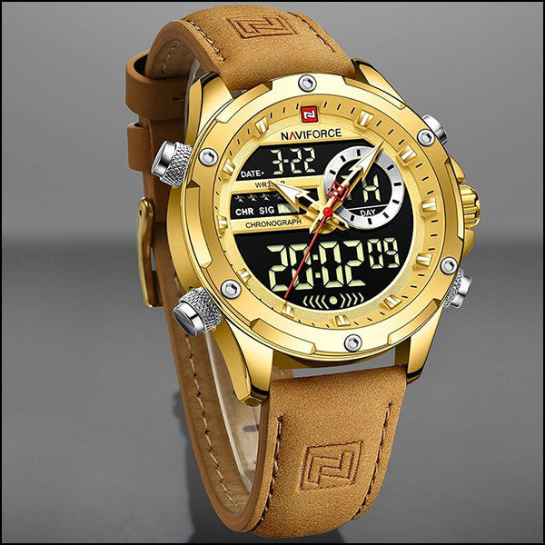 Men's Gold Tone Dual Display Watch with Tan Strap