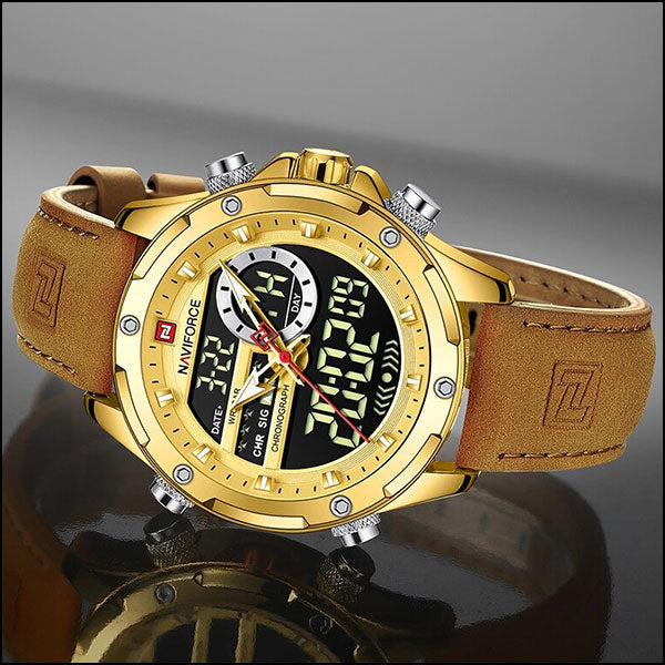Men's Gold Tone Dual Display Watch with Tan Strap
