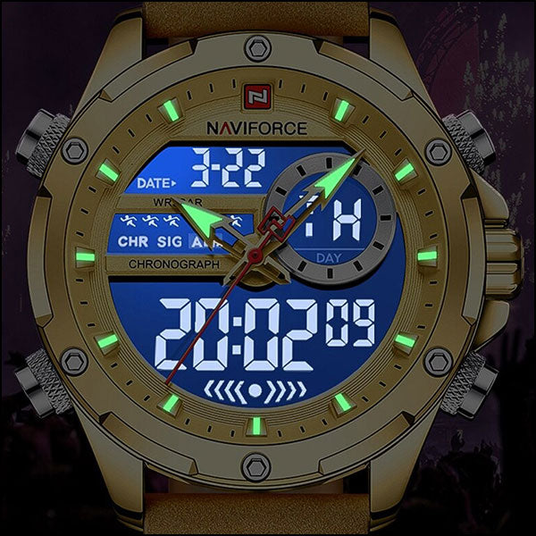 Men's Gold Tone Dual Display Watch with Tan Strap