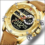 Men's Gold Tone Dual Display Watch with Tan Strap