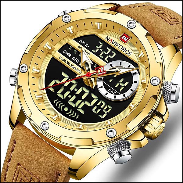 Men's Gold Tone Dual Display Watch with Tan Strap