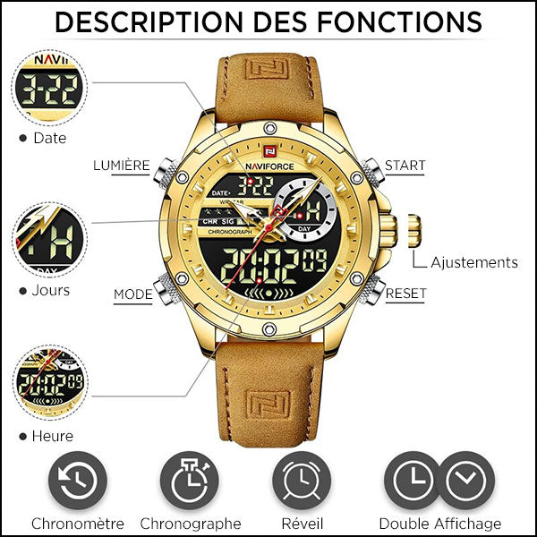 Men's Gold Tone Dual Display Watch with Tan Strap