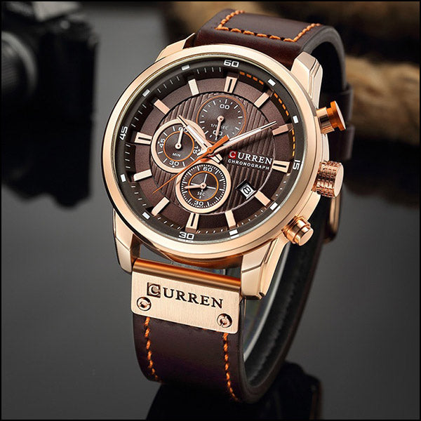 Men's Rose Gold Chronograph with Brown Faux Leather Strap