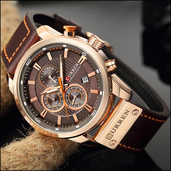 Men's Rose Gold Chronograph with Brown Faux Leather Strap