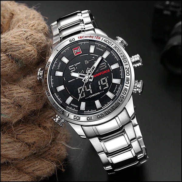Men's Silver Stainless Steel Dual Display Tachymeter Watch