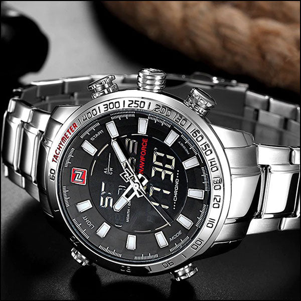 Men's Silver Stainless Steel Dual Display Tachymeter Watch