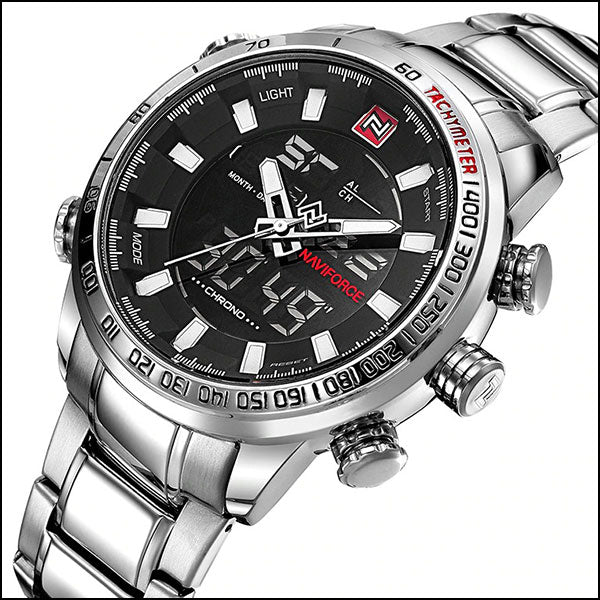 Men's Silver Stainless Steel Dual Display Tachymeter Watch