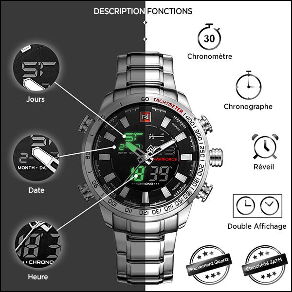 Men's Silver Stainless Steel Dual Display Tachymeter Watch