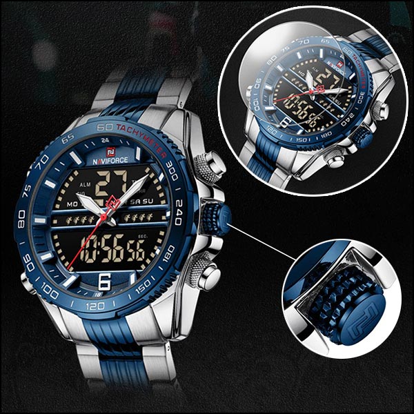 Men's Royal Blue Stainless Steel Dual Display Watch