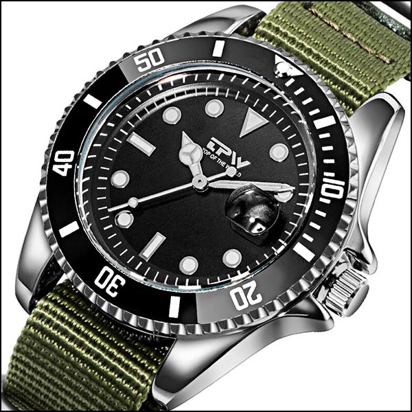 Men's Military Style Diver Watch with Olive Green Strap